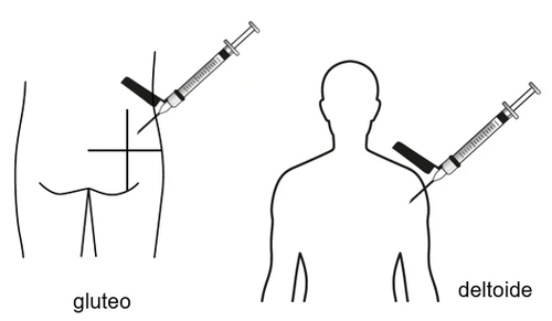Diagrama médico que muestra dos siluetas humanas con jeringas realizando inyecciones en el