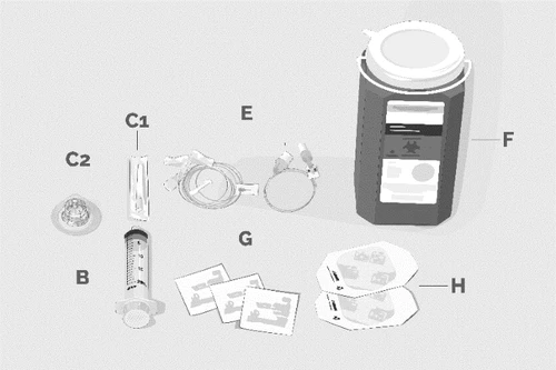 Componentes médicos etiquetados: jeringa B, vial C1, disco C2, tubos E, frasco F, prospectos H y pequeños recuadros blancos sobre fondo gris claro