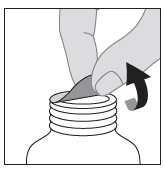Una mano levanta y retira suavemente la lengüeta protectora superior del cuello de un frasco de medicamento con una flecha curva hacia la