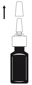 Diagrama que muestra la separación de una tapa protectora de un frasco de medicamento indicado por una flecha que apunta hacia la