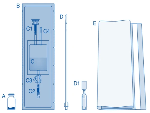 Medical diagram with vial A, syringe B with needle C4 and vial C, long needle D, vial D1, and infusion bag E on a white background