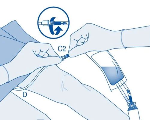 Blue illustration showing two gloved hands rotating and connecting a medication vial to a device with tubing and labeled D
