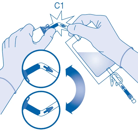 Blue technical drawing showing two hands manipulating a medical device with two circles illustrating the lever's rotational movement
