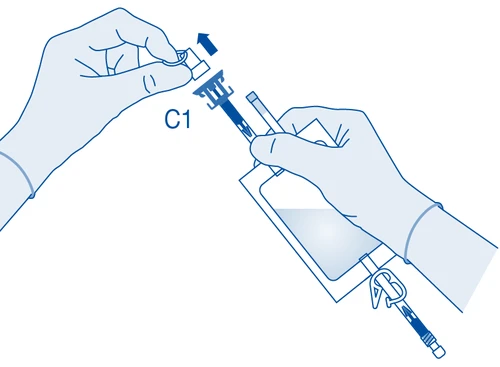 Two gloved hands separating a protective cap from a medical device with a blue arrow indicating the upward movement