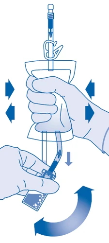 Blue illustration showing two hands squeezing a container to extract liquid from a syringe with rotational and directional movements