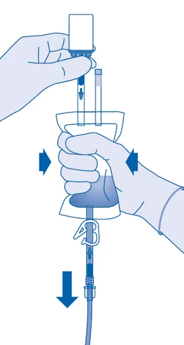 Two gloved hands squeezing an infusion bag with arrows indicating downward pressure to push liquid into the tubing