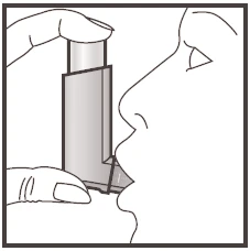 Line drawing of a human profile holding a vertical medical device near the nose and mouth for administration