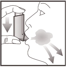 Illustration of a person using an inhaler by placing it in front of the mouth while pressing down to release a cloud of medication