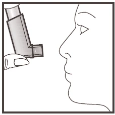 Black and white drawing of a human profile holding an inhaler near the mouth and nose for administration
