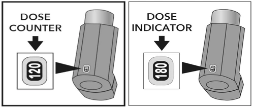 Dos diagramas que muestran un contador de dosis en 120 y un indicador de dosis en 180 en un dispositivo médico gris con ampliaciones detalladas