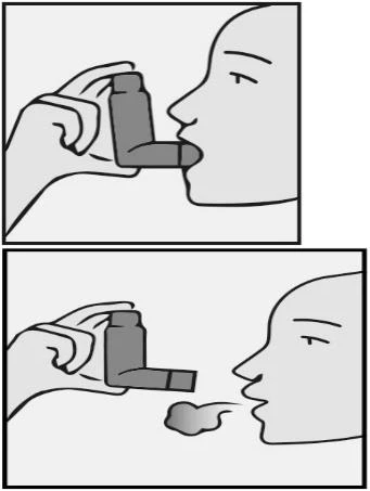 Two-part drawing showing a person using an inhaler holding it with their hand and then exhaling air from the mouth after use
