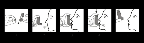 Secuencia de cinco ilustraciones que muestran cómo colocar el dispositivo cerca de la boca, exhalar, insertarlo e inhalar el medicamento