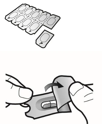 Technical drawing of a tablet blister pack with a single dose separated and hands discarding the packaging to extract the medication