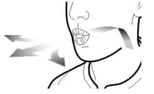 Line drawing of a profile face with arrows indicating an expulsion movement of the