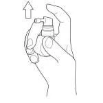 A hand holding a spray bottle with the index finger on the nozzle and an arrow pointing towards it