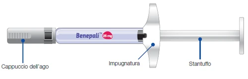 Diagram of a Benepali 25 mg syringe with labels indicating the needle cap