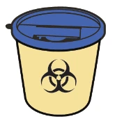 Yellow container with blue lid and black biohazard symbol in the center for disposal of hazardous medical waste