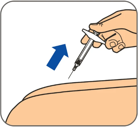 A hand holds a syringe with needle pointed toward the skin of the arm, with a blue arrow indicating movement toward the skin