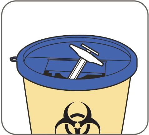 Blue and beige biological waste container with biohazard symbol containing a used needle and syringe