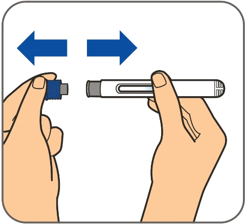 Two hands separating a cylindrical medical device from a blue cap with blue arrows indicating movement away from the device