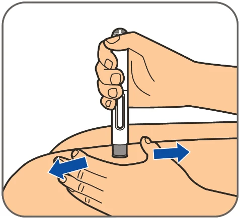 A hand holds an injection pen placed against the thigh while the
