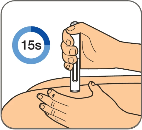 Illustration of a hand holding an injection pen on a person's thigh with a blue circle indicating a 15-second duration