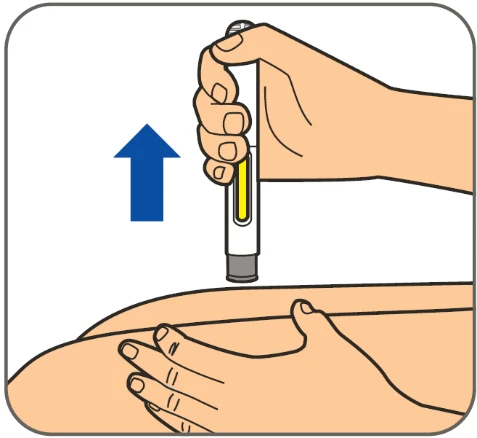 A hand holds an injection pen above a thigh, with a blue arrow pointing downward