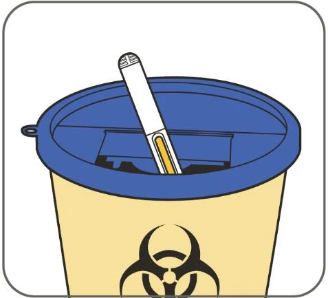 A yellow biological waste container with black biohazard symbol containing a white and yellow injection pen