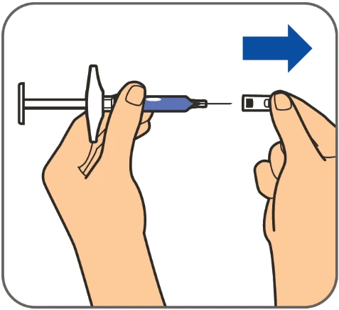 Two hands separating a syringe from a small rectangular container with a blue arrow indicating movement to the right