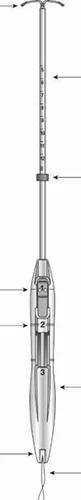 Vertical technical diagram of a medical device with graduated rods, components numbered 1, 2, 3, and lateral indicator arrows