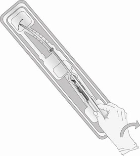 Technical drawing of an elongated medical device inside a package with a hand gripping it to rotate it to the right