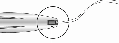 Enlarged detail of a medical device with an arrow indicating the rectangular terminal part near the