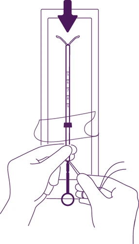 Purple technical drawing showing two hands holding a slender medical device with a graduated scale and an arrow pointing downward