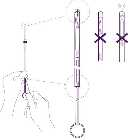 Technical schematic of a medical device with hands holding it and enlarged details of the tip and upper part with prohibition signs