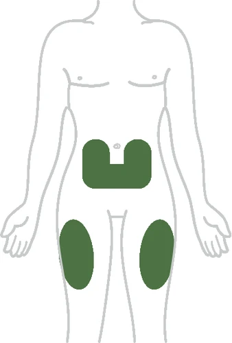 Schema del corpo umano con aree verdi evidenziate sull'addome e sulla parte superiore delle cosce destra e sinistra