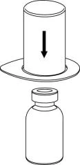 Dibujo técnico que muestra un cilindro con una flecha hacia abajo acercándose a la parte superior de un frasco de vidrio