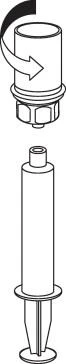 Dibujo técnico de un dispositivo médico cilíndrico con una flecha curva que indica la rotación hacia la derecha de la parte superior