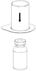 Technical drawing of a cylinder with a black downward-pointing arrow positioned above a glass vial with a crown cap
