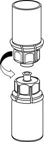 Technical drawing showing the rotational movement of an upper cap to unscrew or screw a cylindrical component onto a base