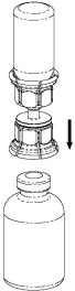 Technical drawing showing a glass vial with a screw cap and an upper device being lowered onto it via a black arrow