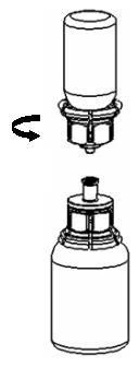 Diagram showing the assembly of a cylindrical vial with an upper component through a curved arrow indicating rotation