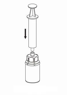 Technical drawing of a syringe with a plunger being pushed downward with a black arrow to indicate the action