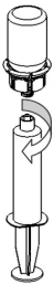 Technical diagram showing the assembly of an upper cylindrical component onto a syringe body via a counterclockwise rotation