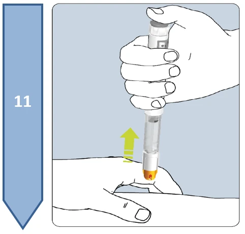A hand holding an injection pen above a patient's arm with a yellow arrow indicating the downward movement