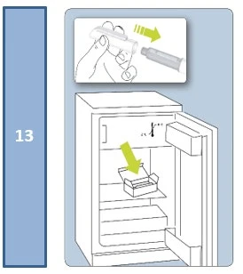 Diagram showing a hand inserting an injection pen into a container and the container stored in
