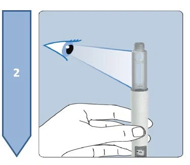 Illustration of an eye observing a pen-shaped medical device held by a hand against a light blue background with a blue arrow on the left