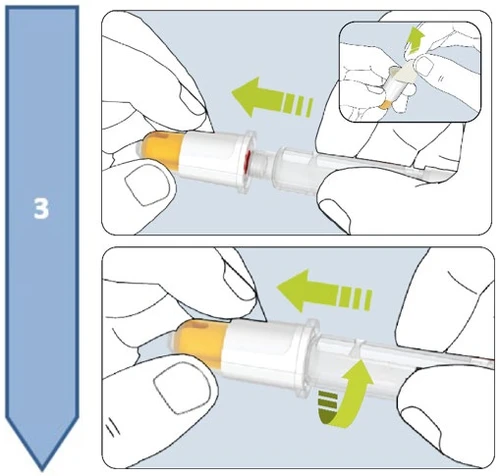 Illustration of two hands assembling a white medical device with an orange tip following green directional arrows in two sequential steps