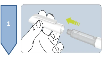 A hand holding a cylindrical white device being brought close to a transparent component indicated by a yellow arrow