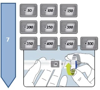 Grid of squares with numbers from 50 to 500 and hands rotating the base of a medical device with a curved yellow arrow