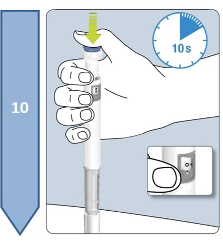 A hand pressing the upper button of a white medical device with a timer indicating 10 seconds and a close-up detail of the pressed button